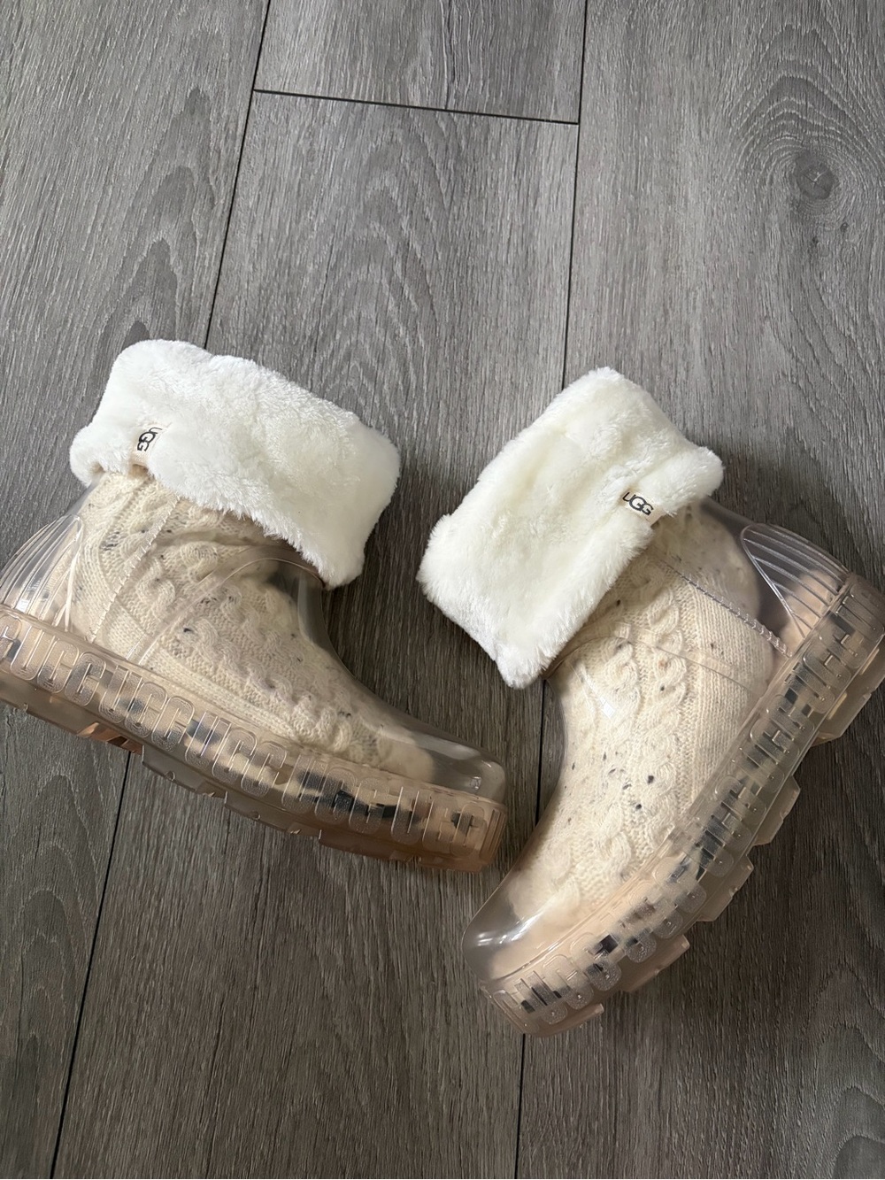 UGG Cream Faux-Fur Cuff Clear Sole rain Boots size 7.5